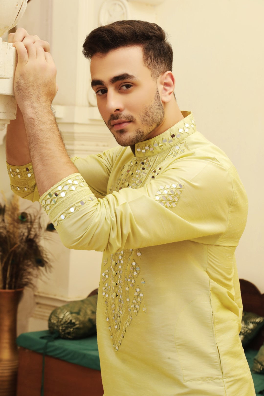 Lime Yellow Mirror Work Silk-Blend Kurta Pajama (2-Piece) - Image 4
