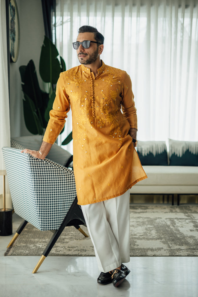 Mustard Mirror-Embellished Silk-Blend Kurta (2-Piece) - Image 1