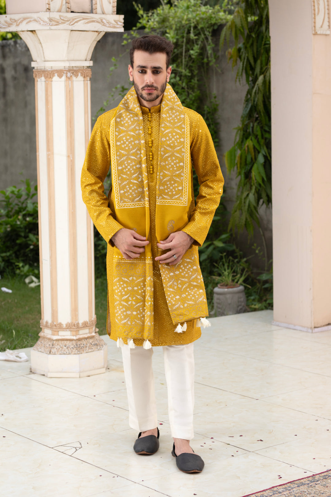 Mustard Sequin Embroidered Silk Kurta Pajama (3-Piece) - Image 1