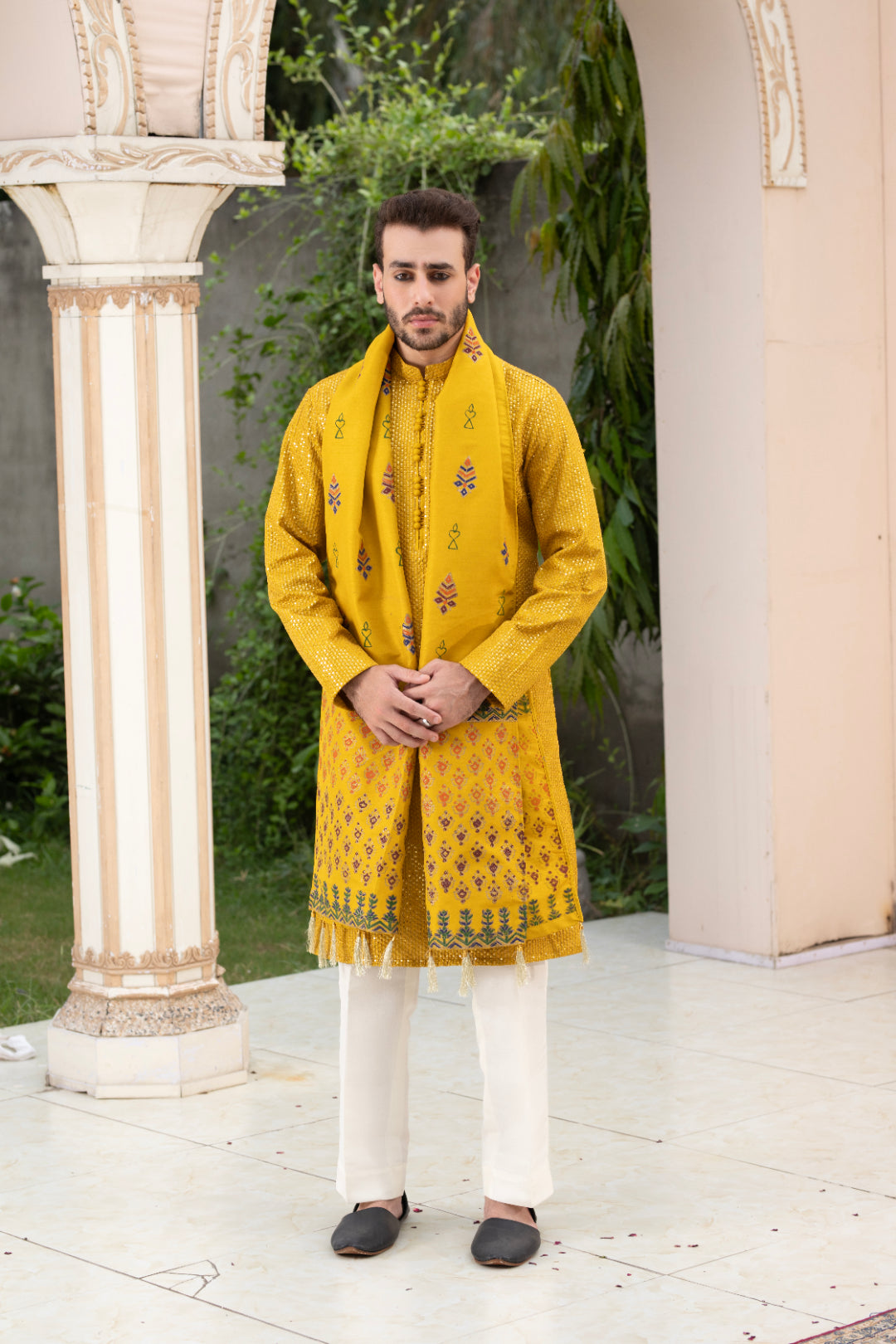 Mustard Sequin Embroidered Silk Kurta Pajama (3-Piece) - Image 2