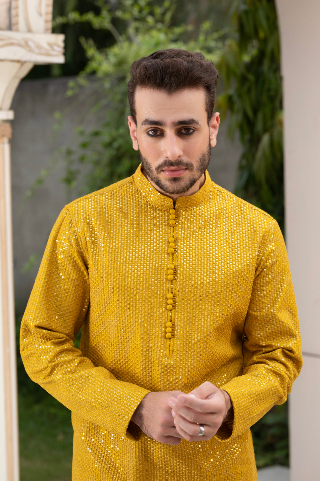 Mustard Sequin Embroidered Silk Kurta Pajama (3-Piece) - Image 3