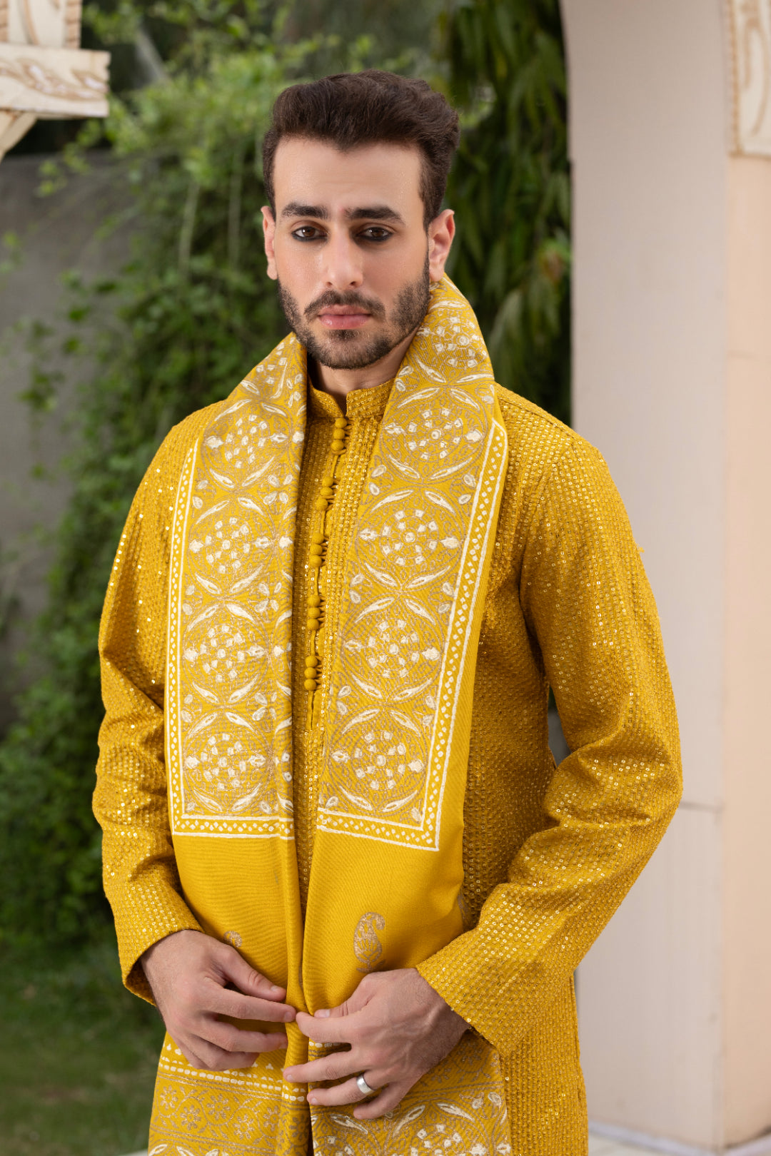 Mustard Sequin Embroidered Silk Kurta Pajama (3-Piece) - Image 4