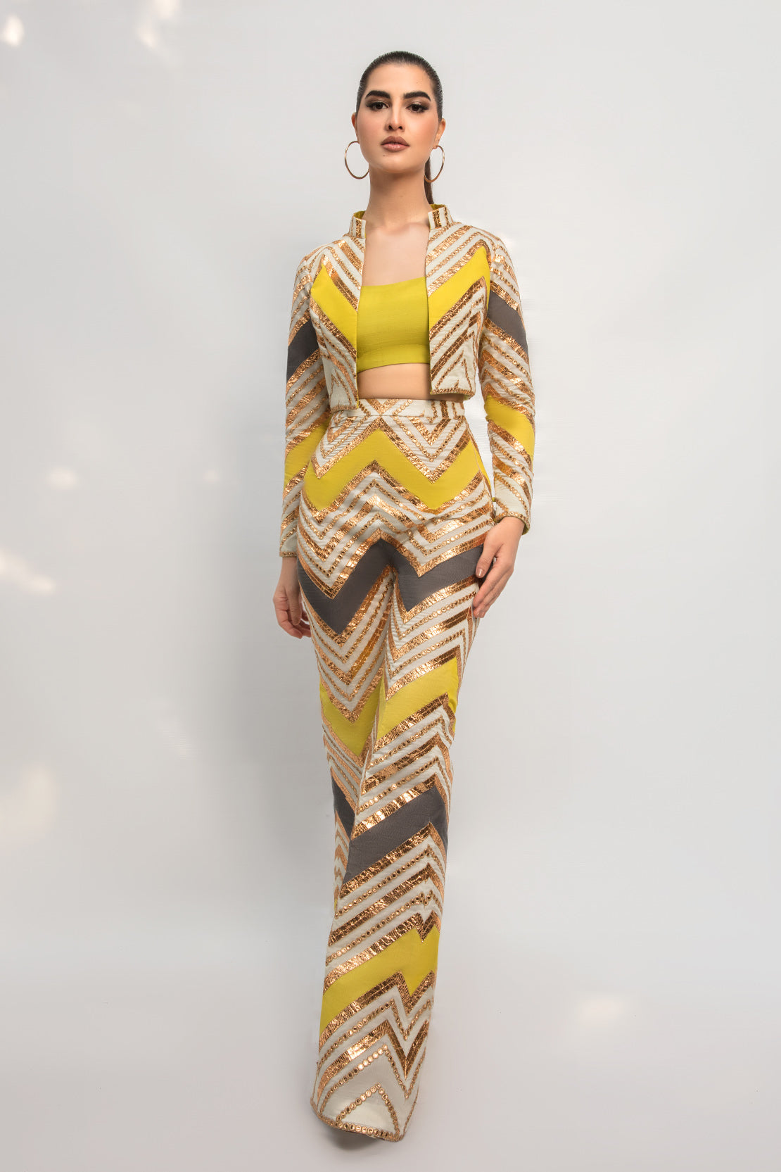 Yellow Sequin Silk-Blend Pant Suit (3-Piece) - Image 1