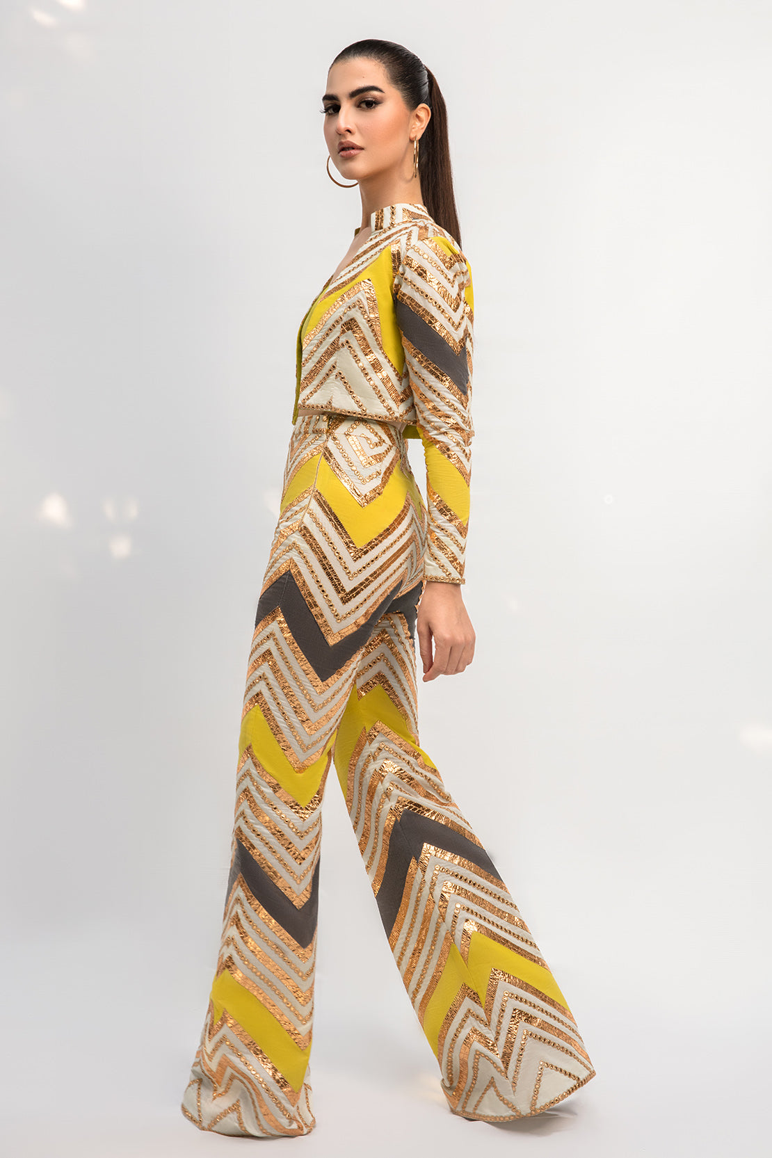 Yellow Sequin Silk-Blend Pant Suit (3-Piece) - Image 3