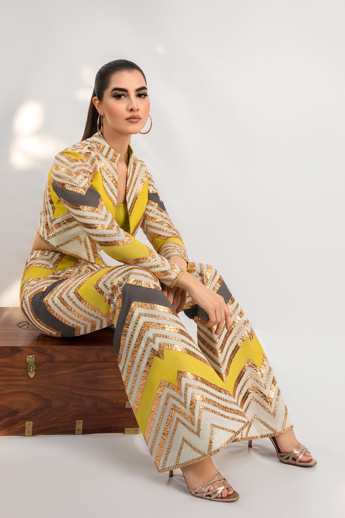 Yellow Sequin Silk-Blend Pant Suit (3-Piece) - Image 6