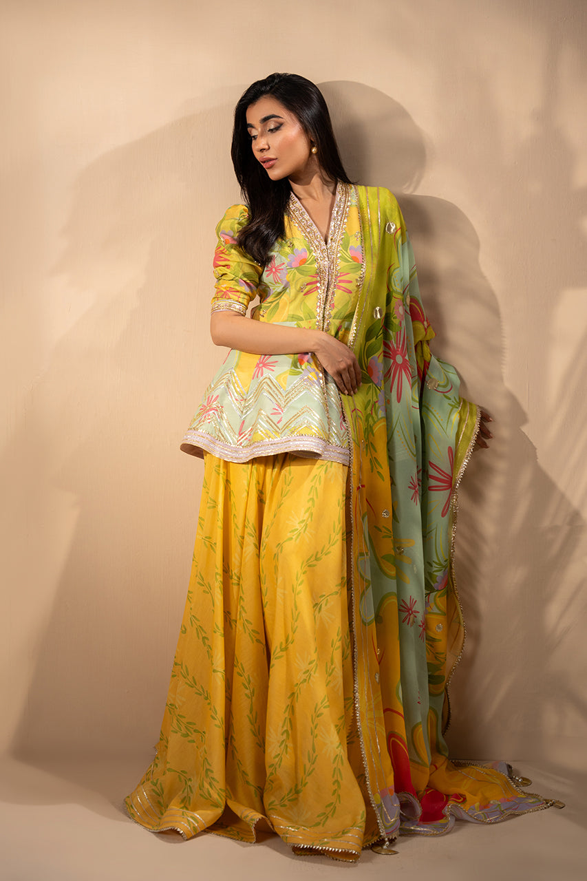 Sunshine Yellow Embroidered Khaddi Silk Peplum (3-Piece) - Image 1
