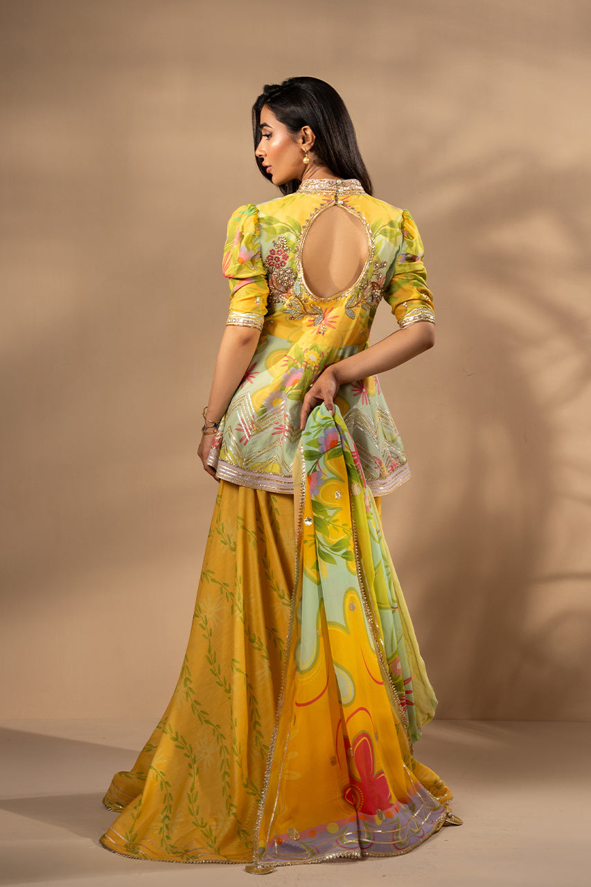 Sunshine Yellow Embroidered Khaddi Silk Peplum (3-Piece) - Image 2