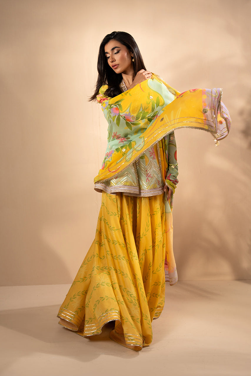 Sunshine Yellow Embroidered Khaddi Silk Peplum (3-Piece) - Image 3