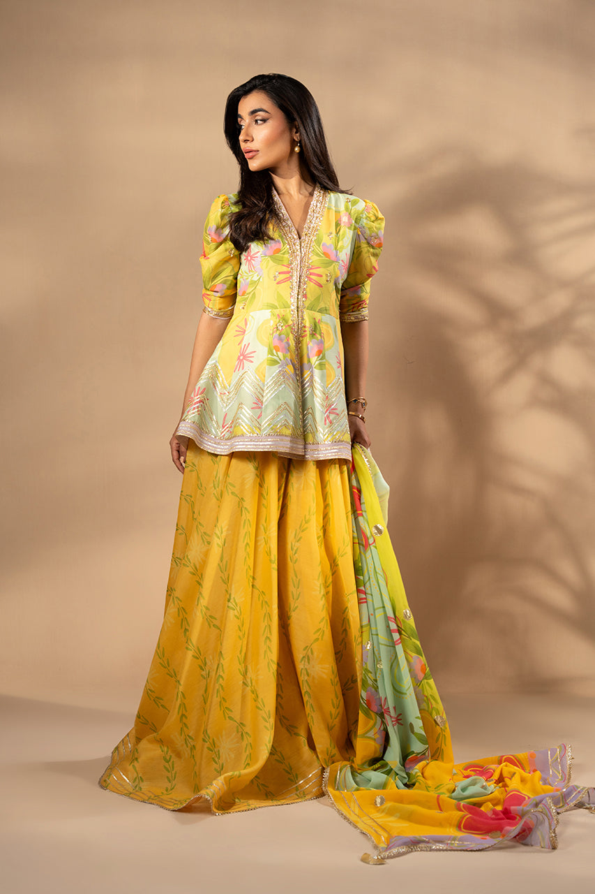 Sunshine Yellow Embroidered Khaddi Silk Peplum (3-Piece) - Image 4
