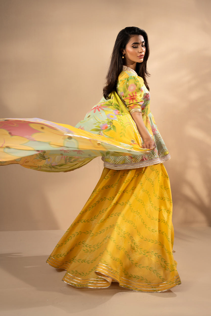 Sunshine Yellow Embroidered Khaddi Silk Peplum (3-Piece) - Image 6