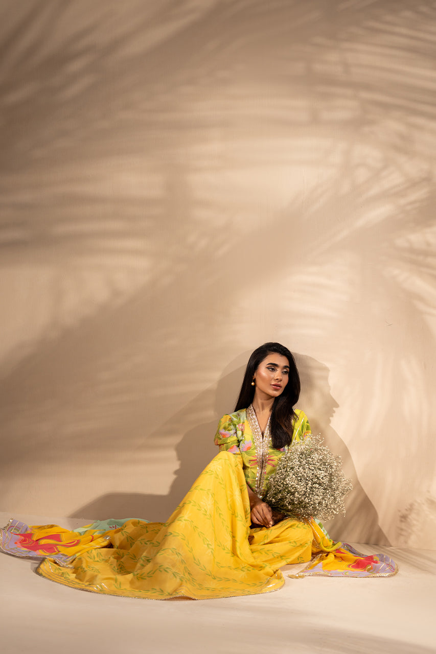 Sunshine Yellow Embroidered Khaddi Silk Peplum (3-Piece) - Image 7