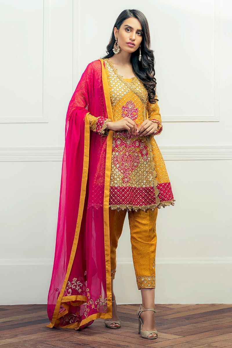 Pakistani Mustard Yellow Embroidered Peplum Dress (3-Piece) - Image 1