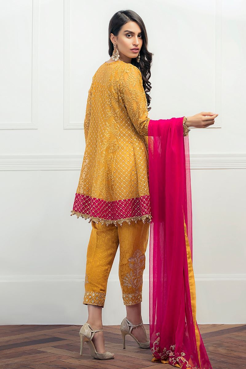 Pakistani Mustard Yellow Embroidered Peplum Dress (3-Piece) - Image 2