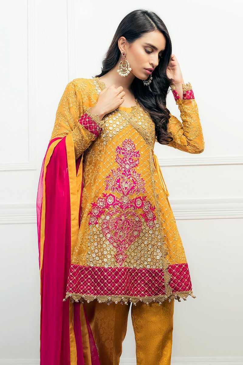 Pakistani Mustard Yellow Embroidered Peplum Dress (3-Piece) - Image 3