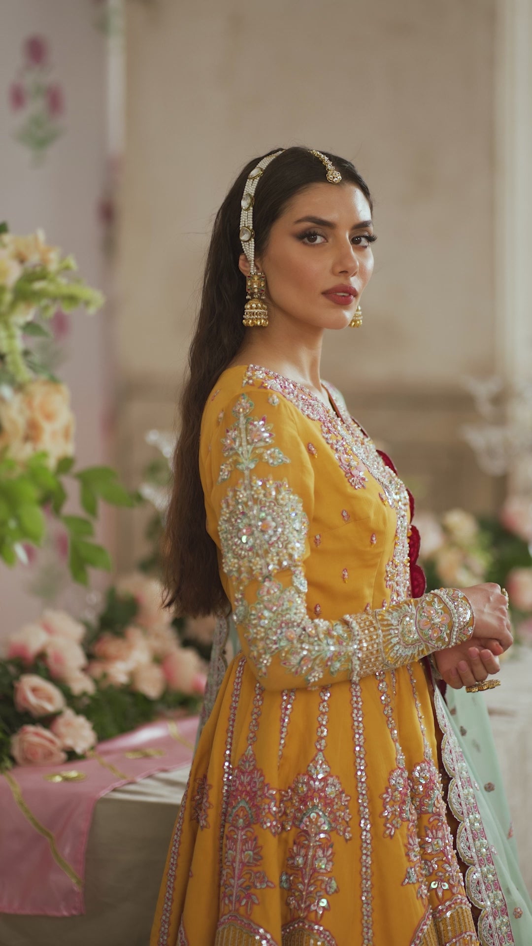 Pakistani Mustard Embellished Net Peplum with Jacquard Garara (3-Piece) - Image 8