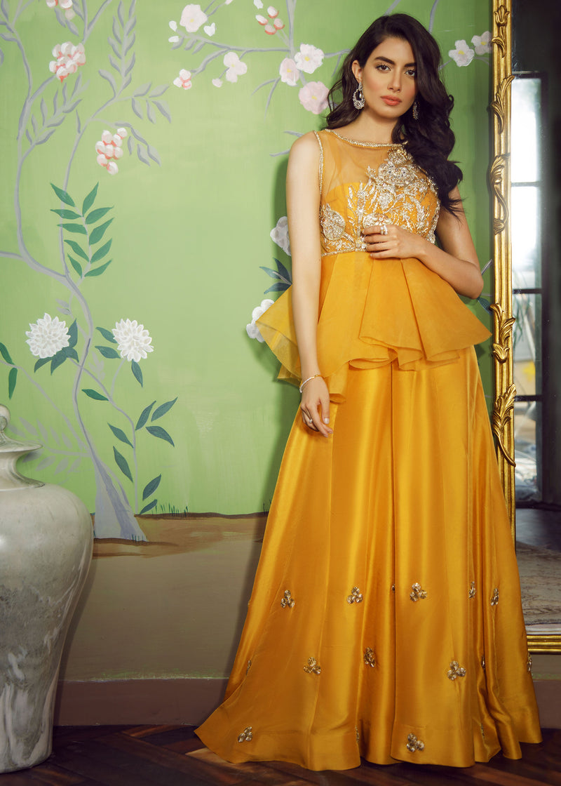 Marigold Embellished Korean Raw Silk Peplum (2-Piece) - Image 1