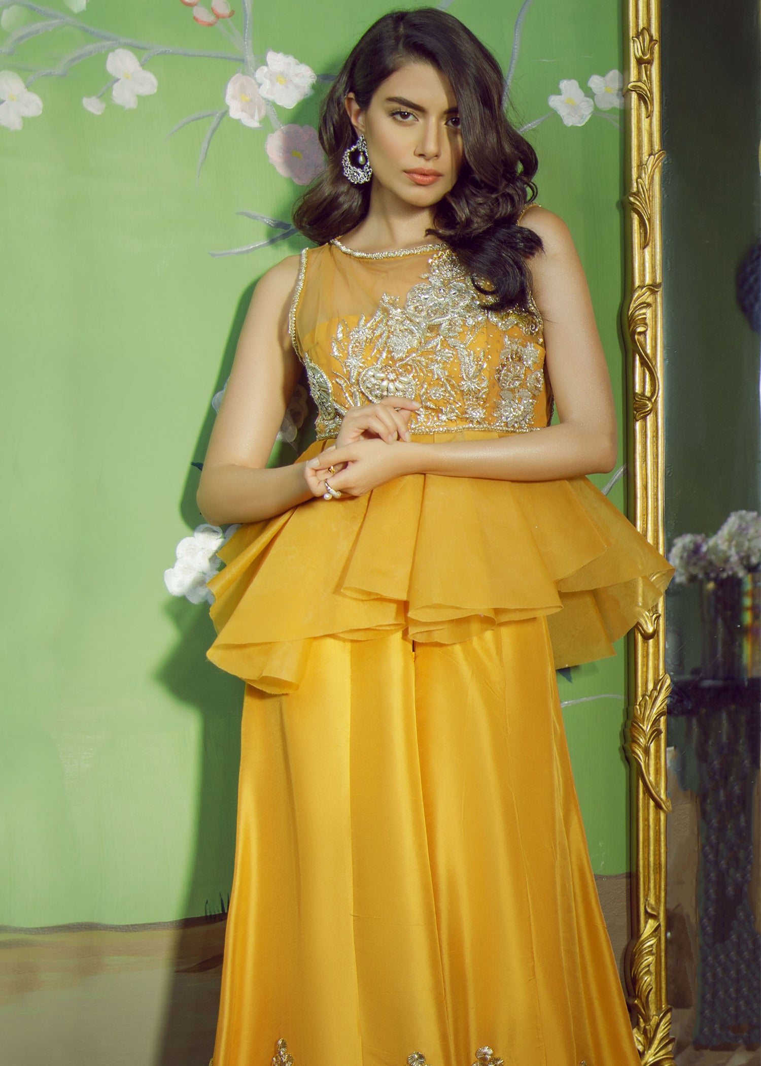 Marigold Embellished Korean Raw Silk Peplum (2-Piece) - Image 3