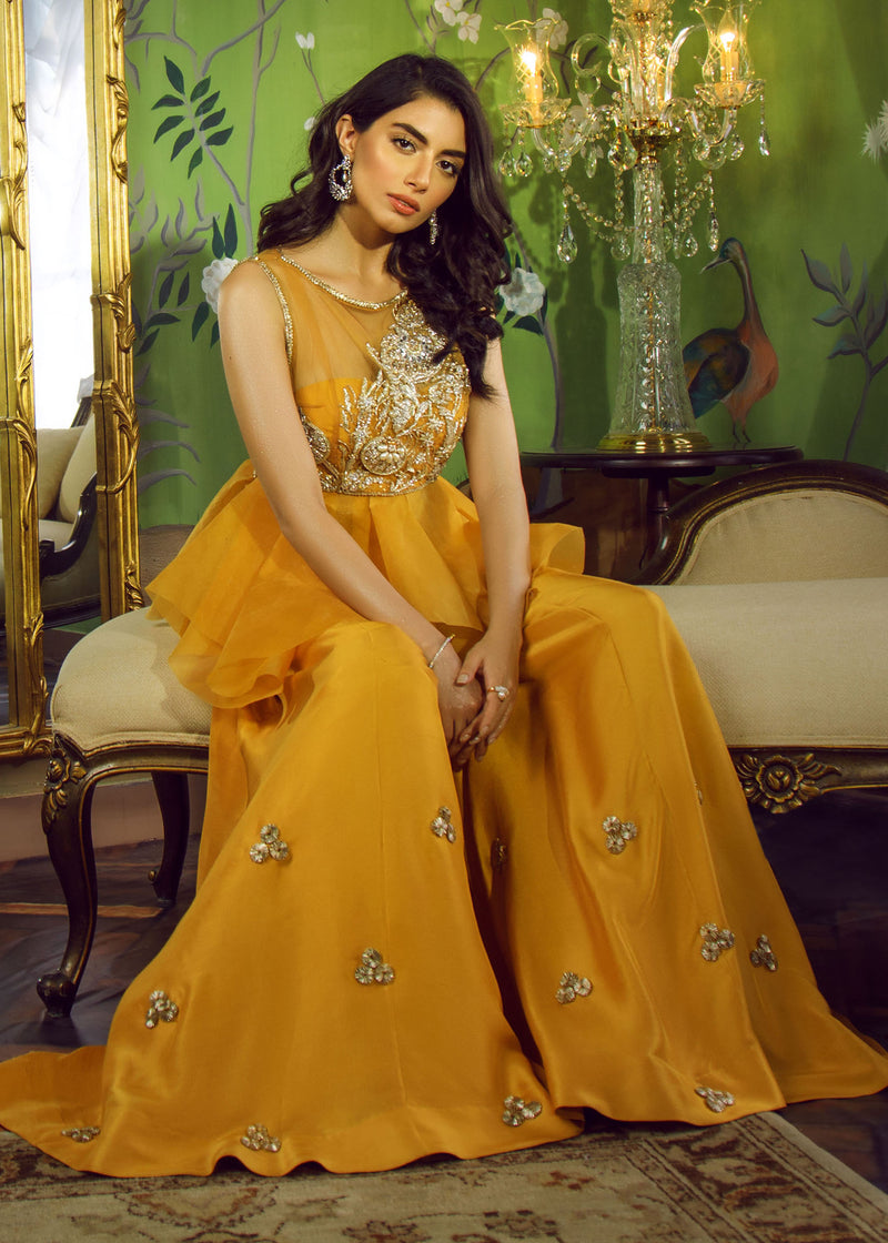 Pakistani Marigold Embellished Korean Raw Silk Peplum (2-Piece) - Image 4