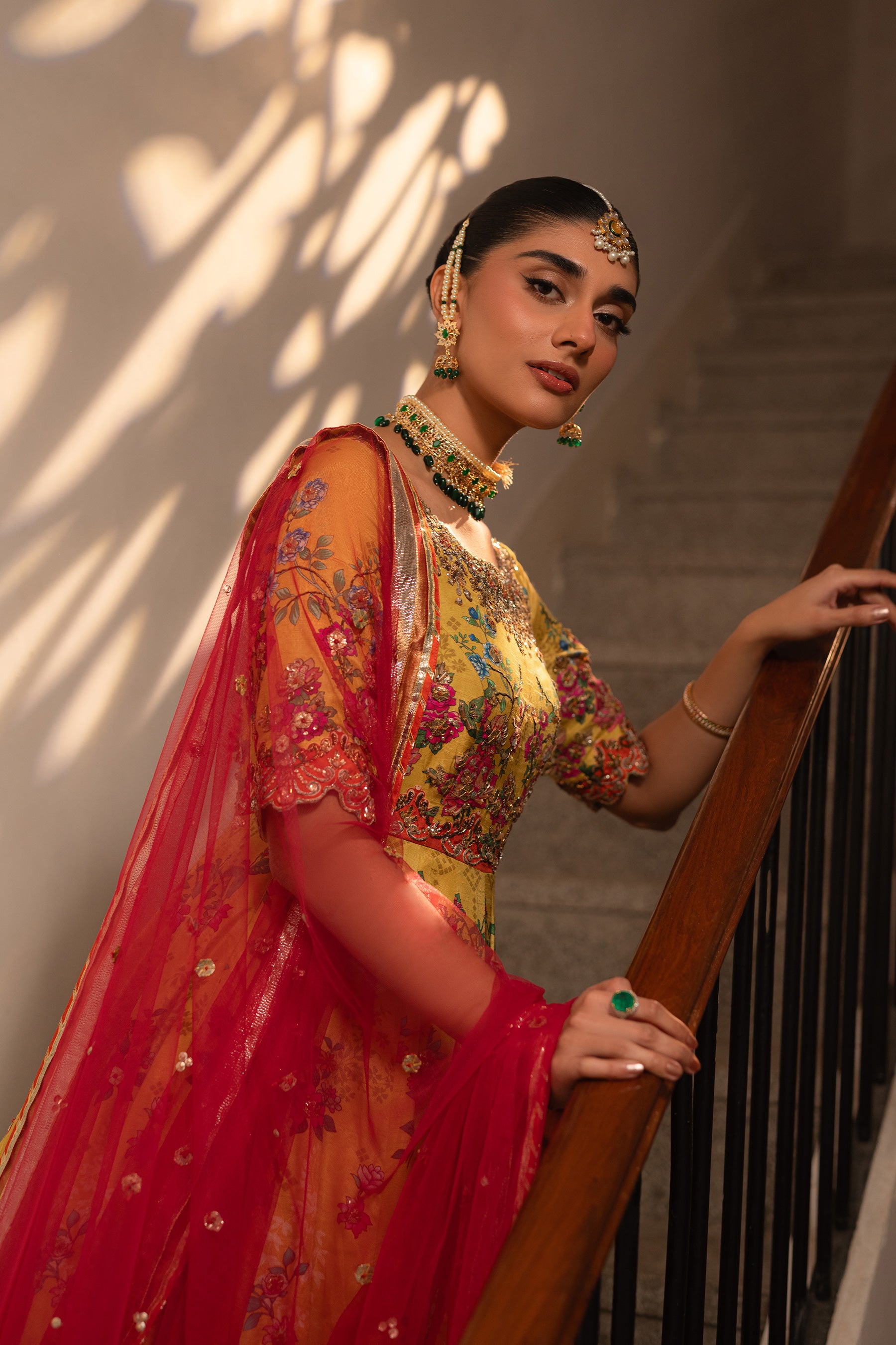 Pakistani Marigold Yellow Gota Embroidered Blended Silk Pishwas (2-Piece) - Image 3