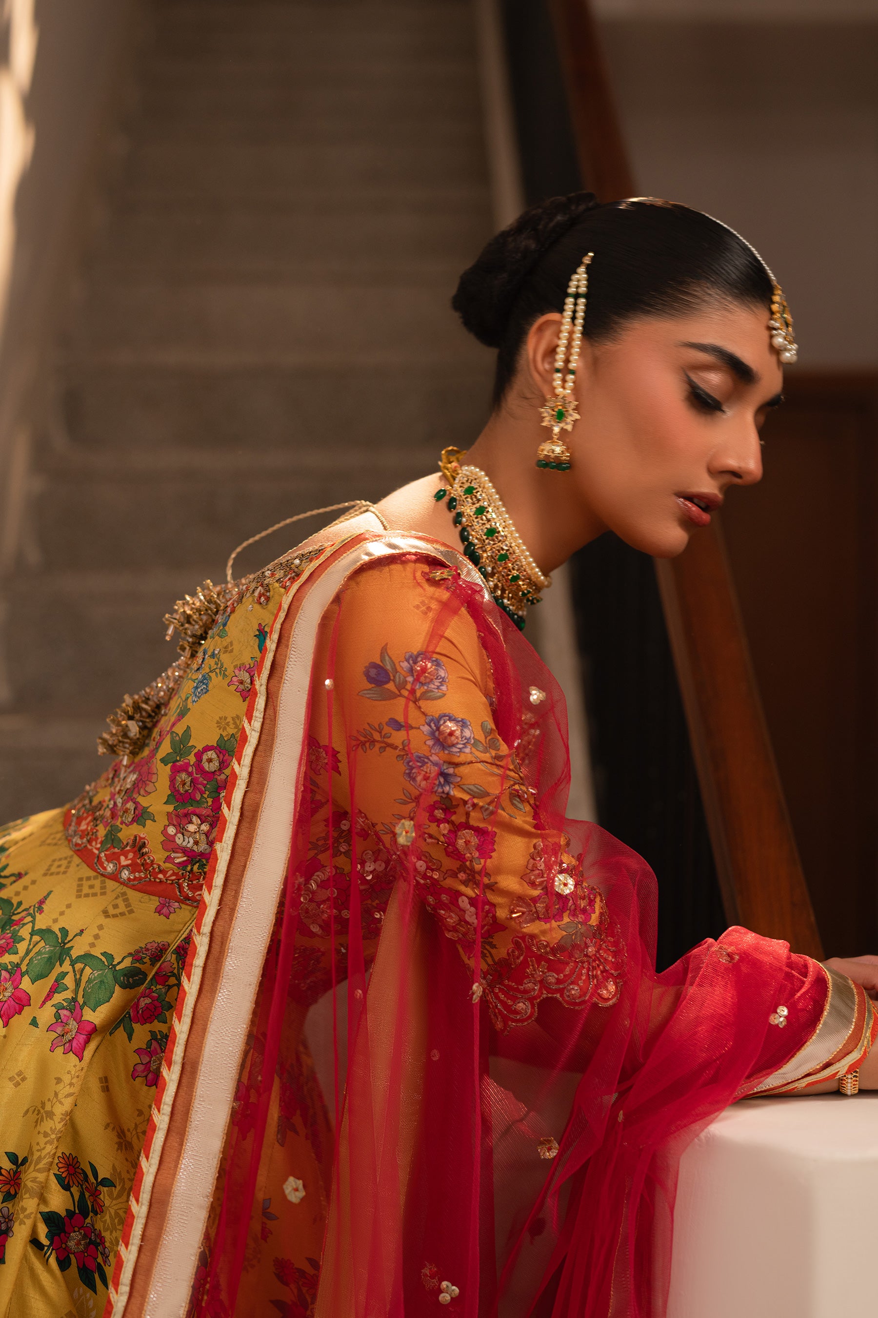 Pakistani Marigold Yellow Gota Embroidered Blended Silk Pishwas (2-Piece) - Image 4