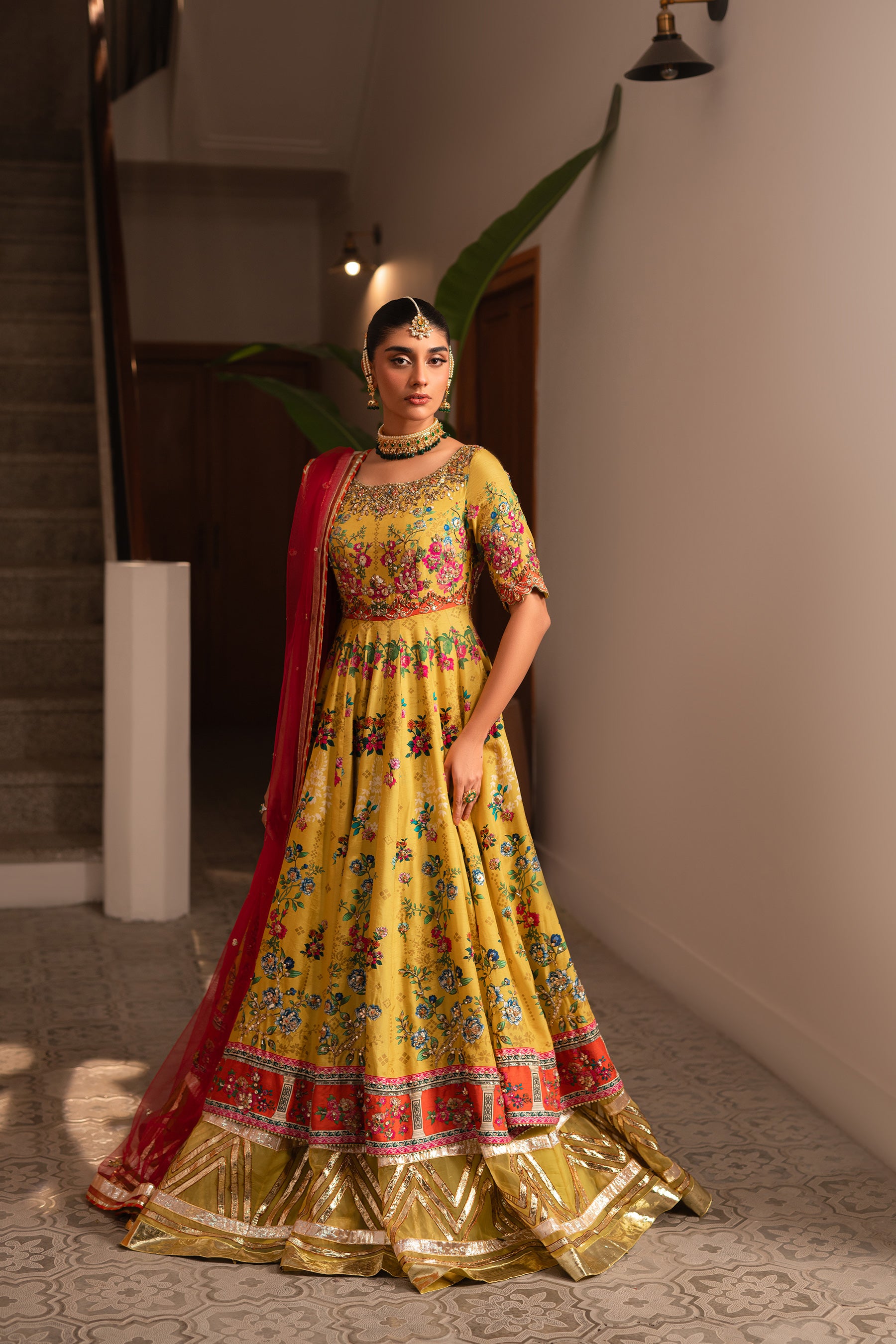 Pakistani Marigold Yellow Gota Embroidered Blended Silk Pishwas (2-Piece) - Image 7