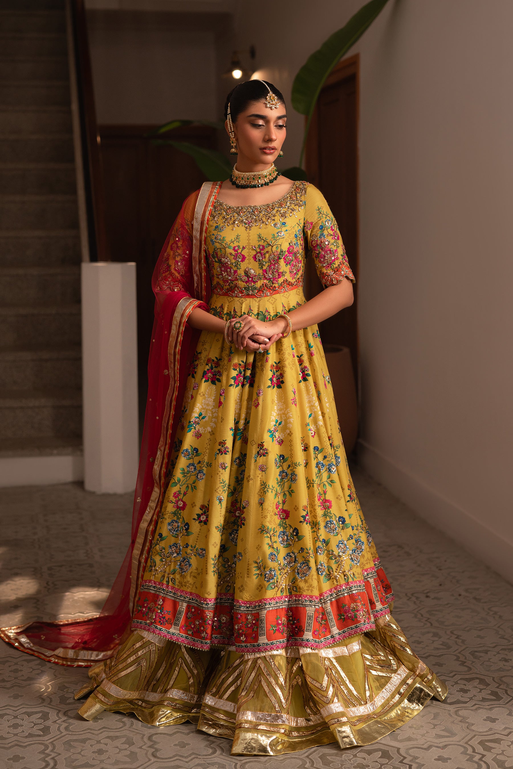 Pakistani Marigold Yellow Gota Embroidered Silk Pishwas (2-Piece) - Image 1