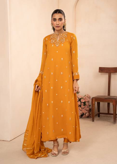 Pakistani Mustard Sequin Embroidered Chiffon Pishwas (3-Piece) - Image 1