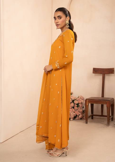 Pakistani Mustard Sequin Embroidered Chiffon Pishwas (3-Piece) - Image 2