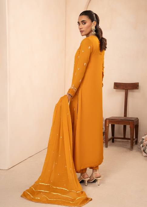 Pakistani Mustard Sequin Embroidered Chiffon Pishwas (3-Piece) - Image 3