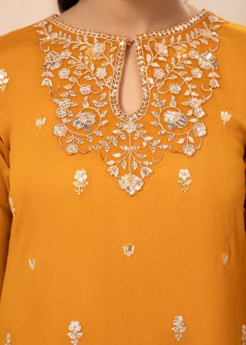 Pakistani Mustard Sequin Embroidered Chiffon Pishwas (3-Piece) - Image 4