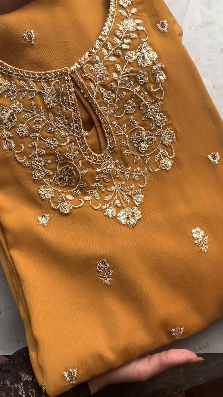 Pakistani Mustard Sequin Embroidered Chiffon Pishwas (3-Piece) - Image 6