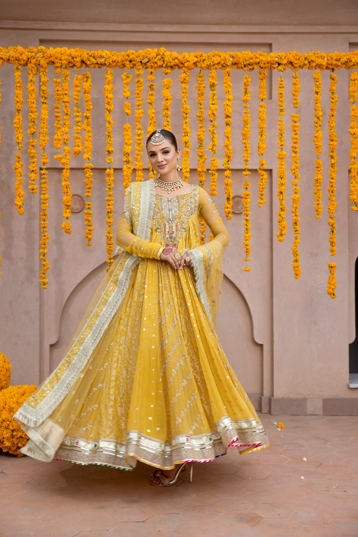 Pakistani Mustard Hand-Embellished Pure Chiffon Pishwas (3-Piece) - Image 1