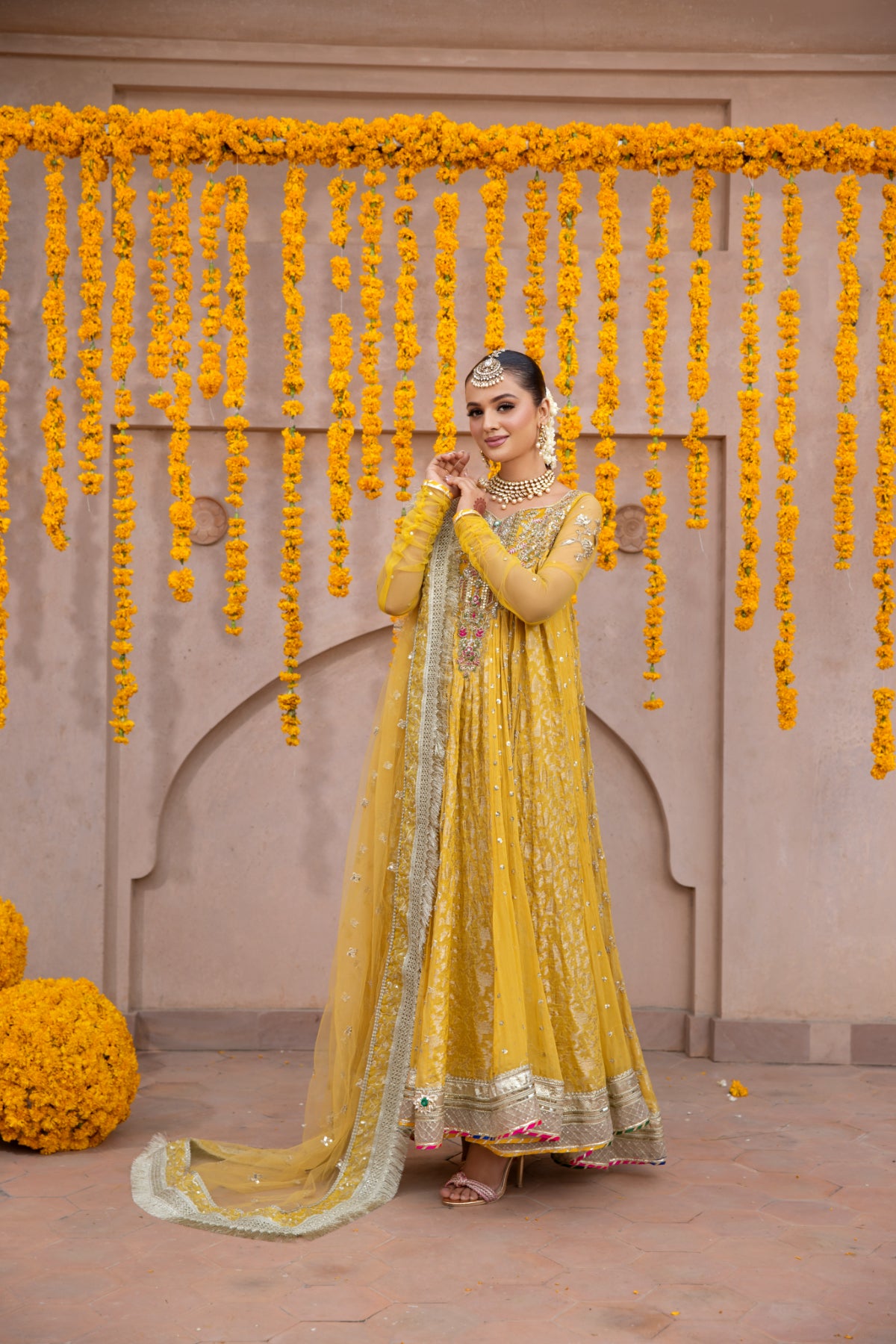 Pakistani Mustard Hand-Embellished Pure Chiffon Pishwas (3-Piece) - Image 2