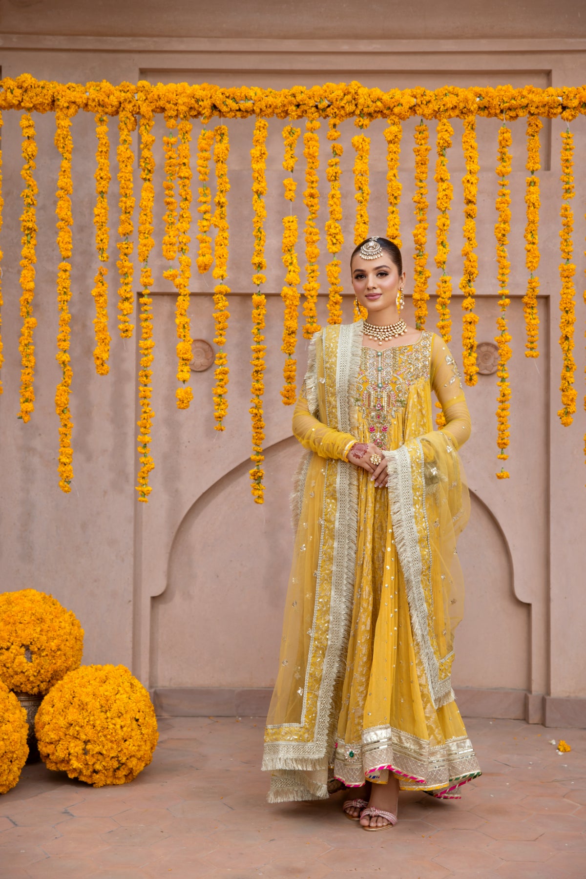 Pakistani Mustard Hand-Embellished Pure Chiffon Pishwas (3-Piece) - Image 3