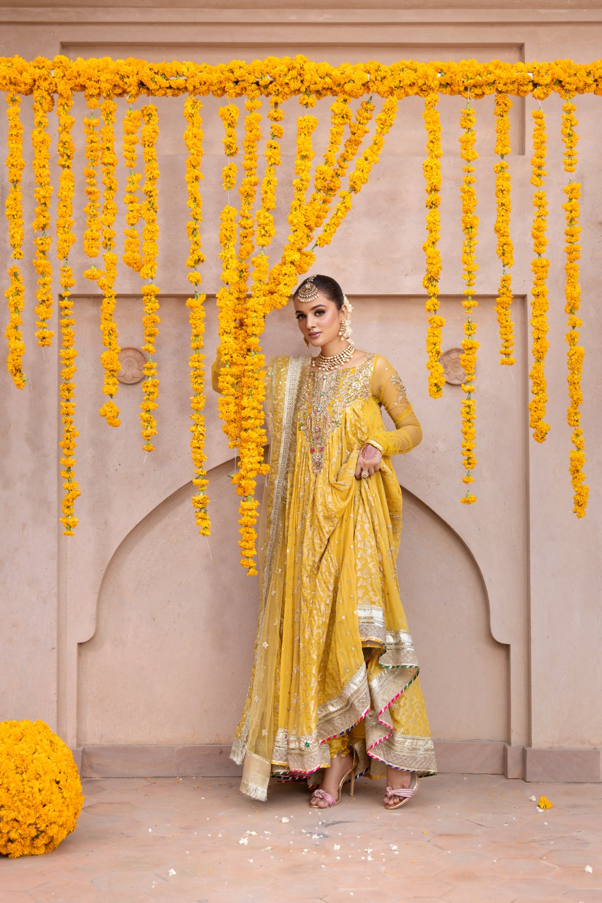 Pakistani Mustard Hand-Embellished Pure Chiffon Pishwas (3-Piece) - Image 4