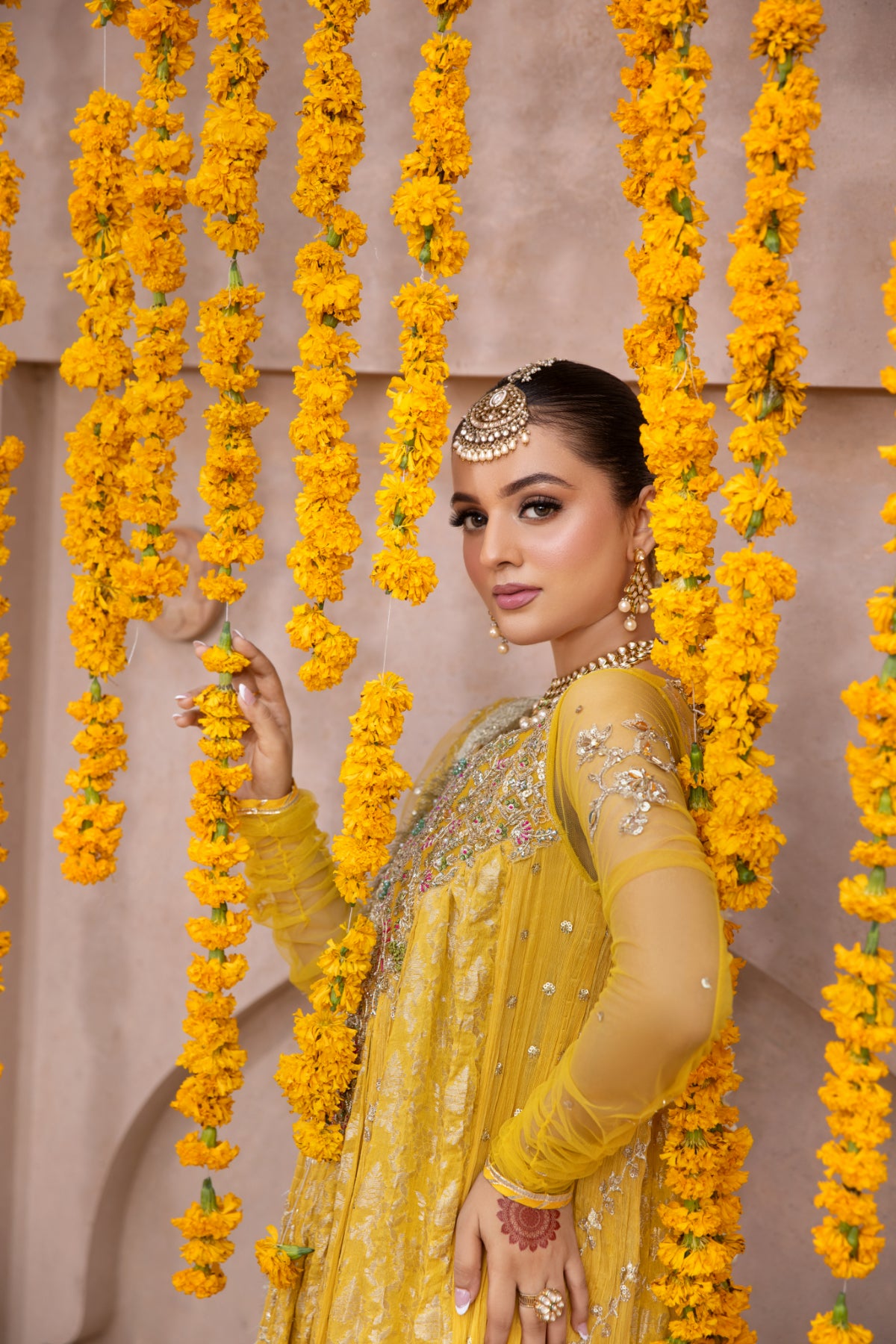 Pakistani Mustard Hand-Embellished Pure Chiffon Pishwas (3-Piece) - Image 5