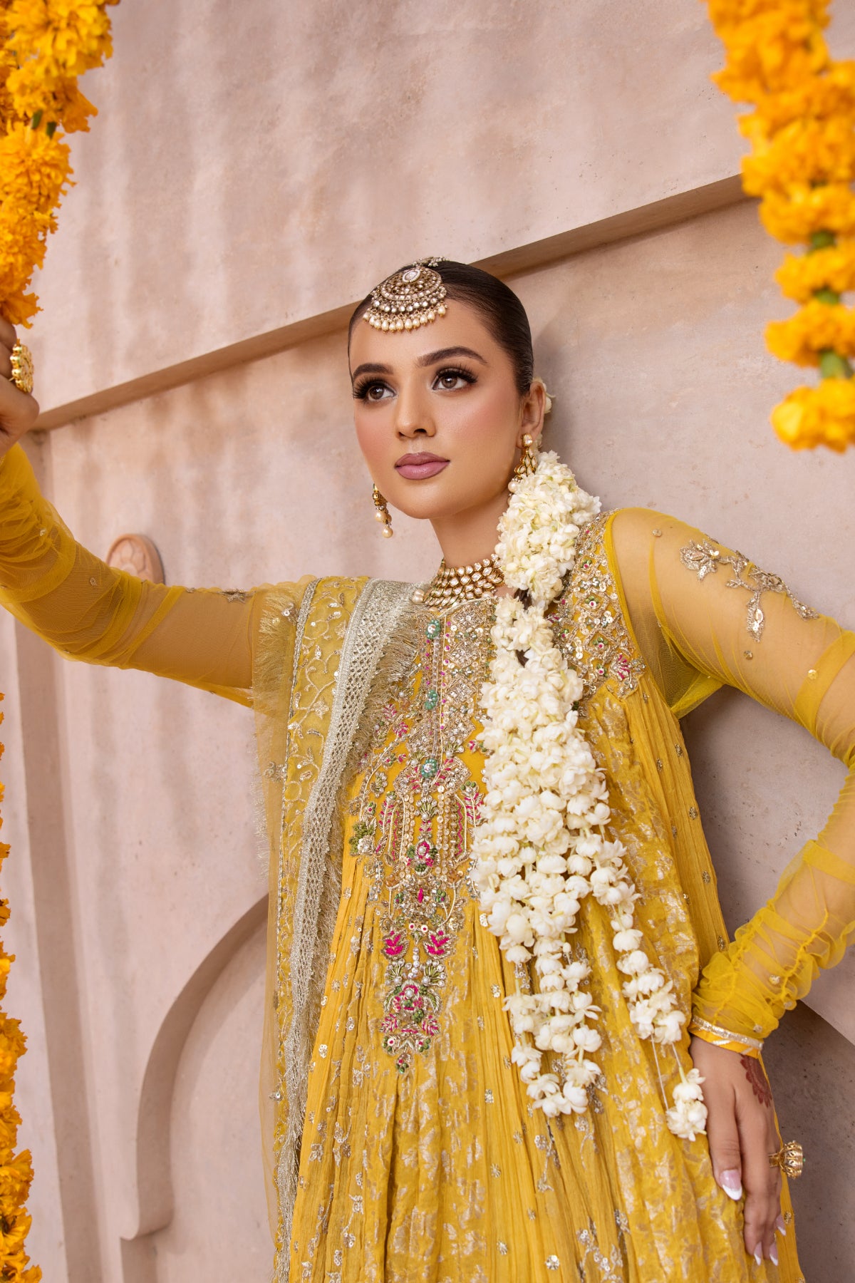 Pakistani Mustard Hand-Embellished Pure Chiffon Pishwas (3-Piece) - Image 6