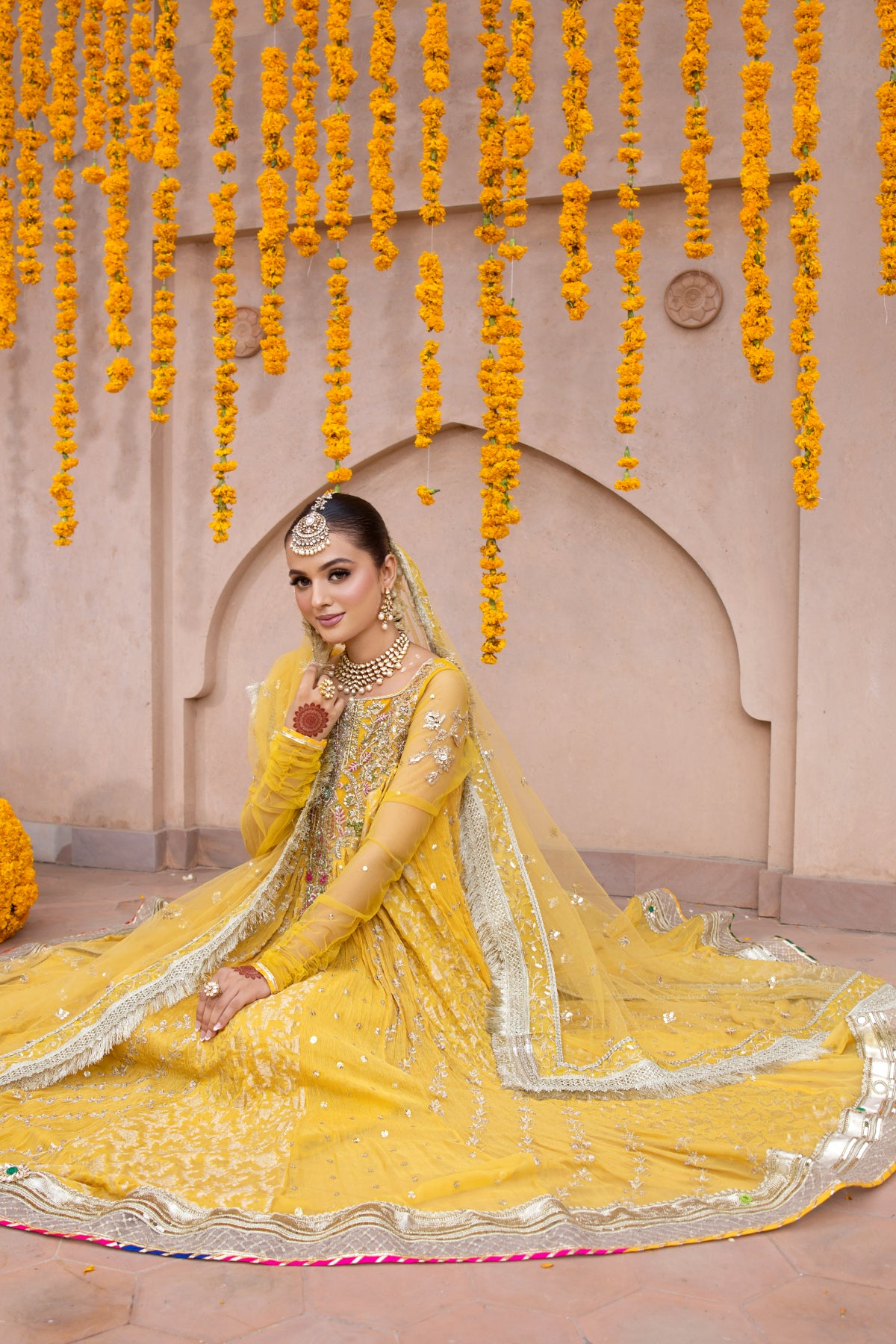 Pakistani Mustard Hand-Embellished Pure Chiffon Pishwas (3-Piece) - Image 8