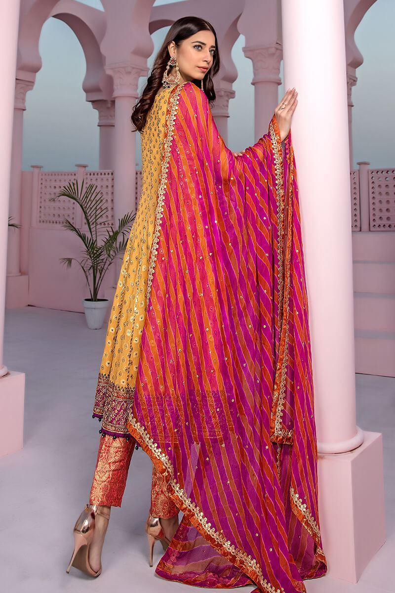 Pakistani Mustard Yellow Embroidered Jamawar Pishwas (3-Piece) - Image 3