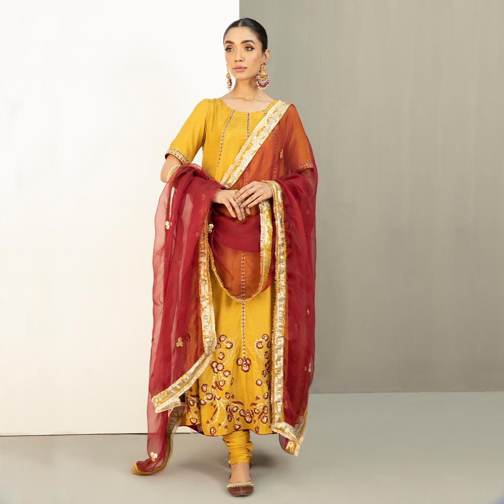 Marigold Embroidered Korean Raw Silk Kalidar Pishwas (3-Piece) - Image 1