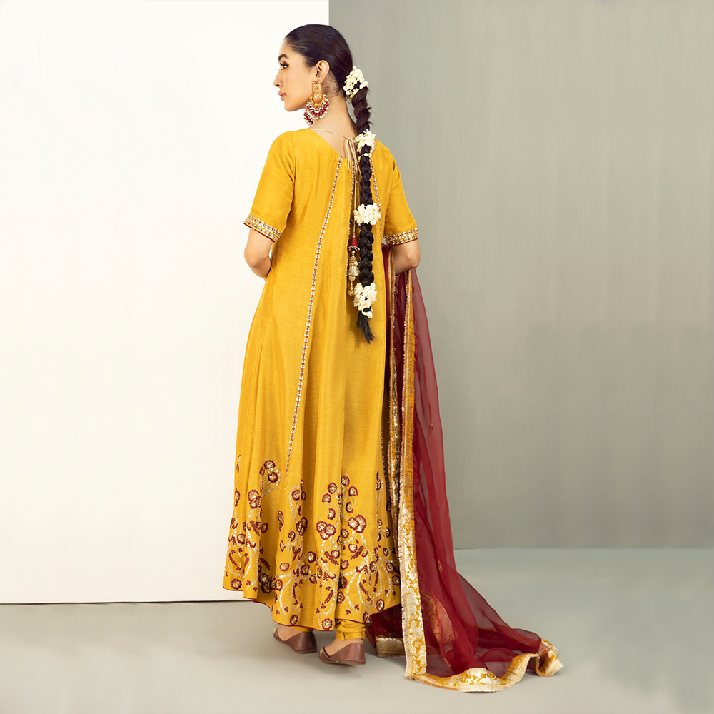 Marigold Embroidered Korean Raw Silk Kalidar Pishwas (3-Piece) - Image 3