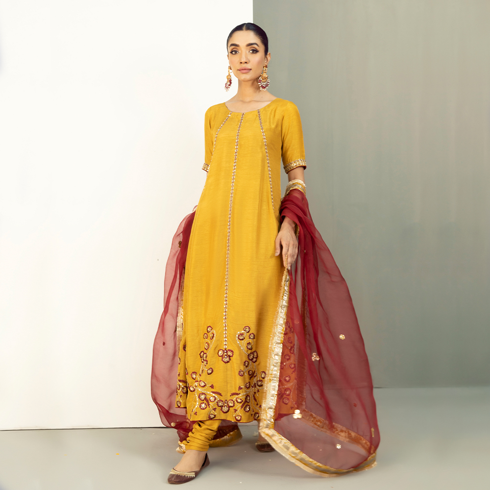 Marigold Embroidered Korean Raw Silk Kalidar Pishwas (3-Piece) - Image 4