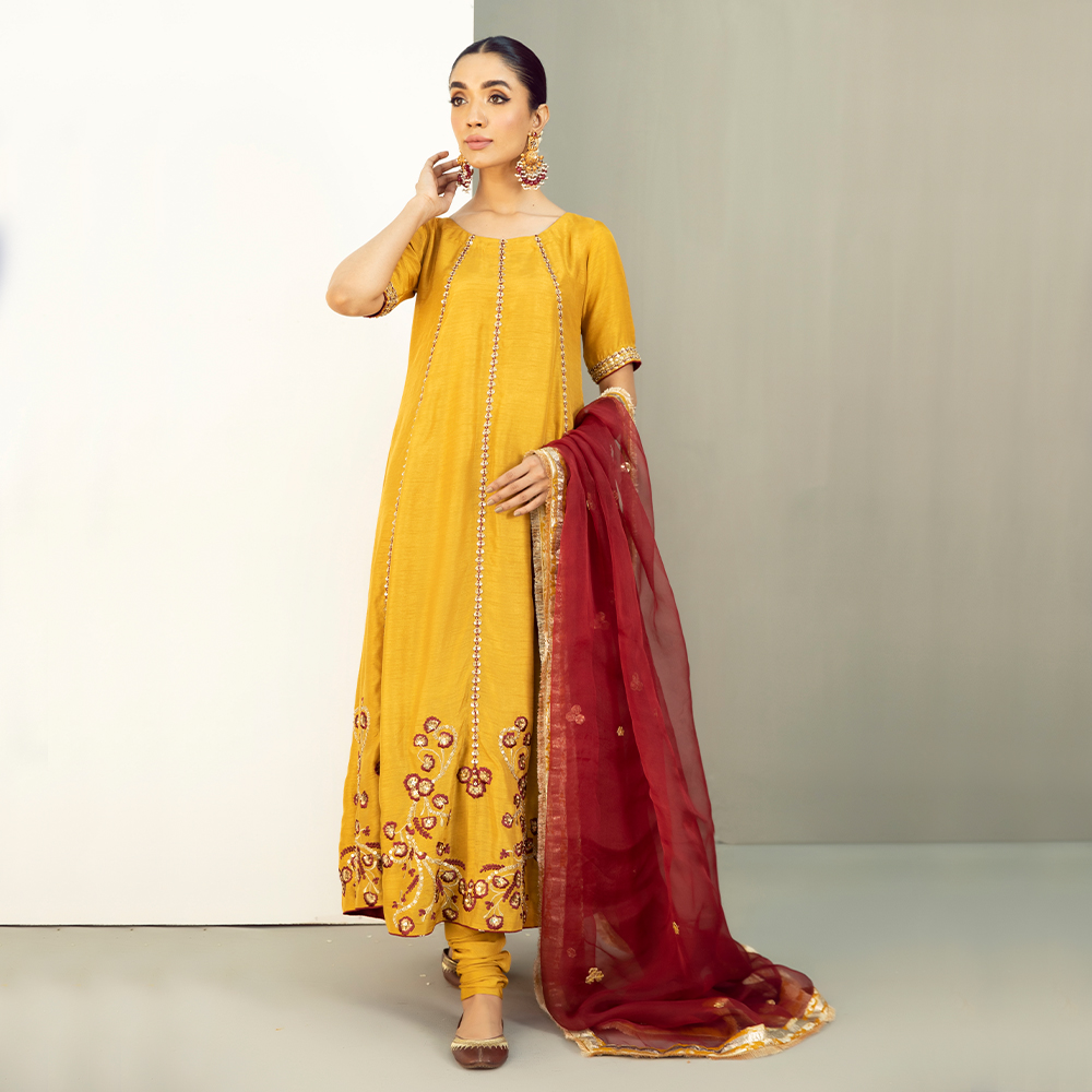 Marigold Embroidered Korean Raw Silk Kalidar Pishwas (3-Piece) - Image 5