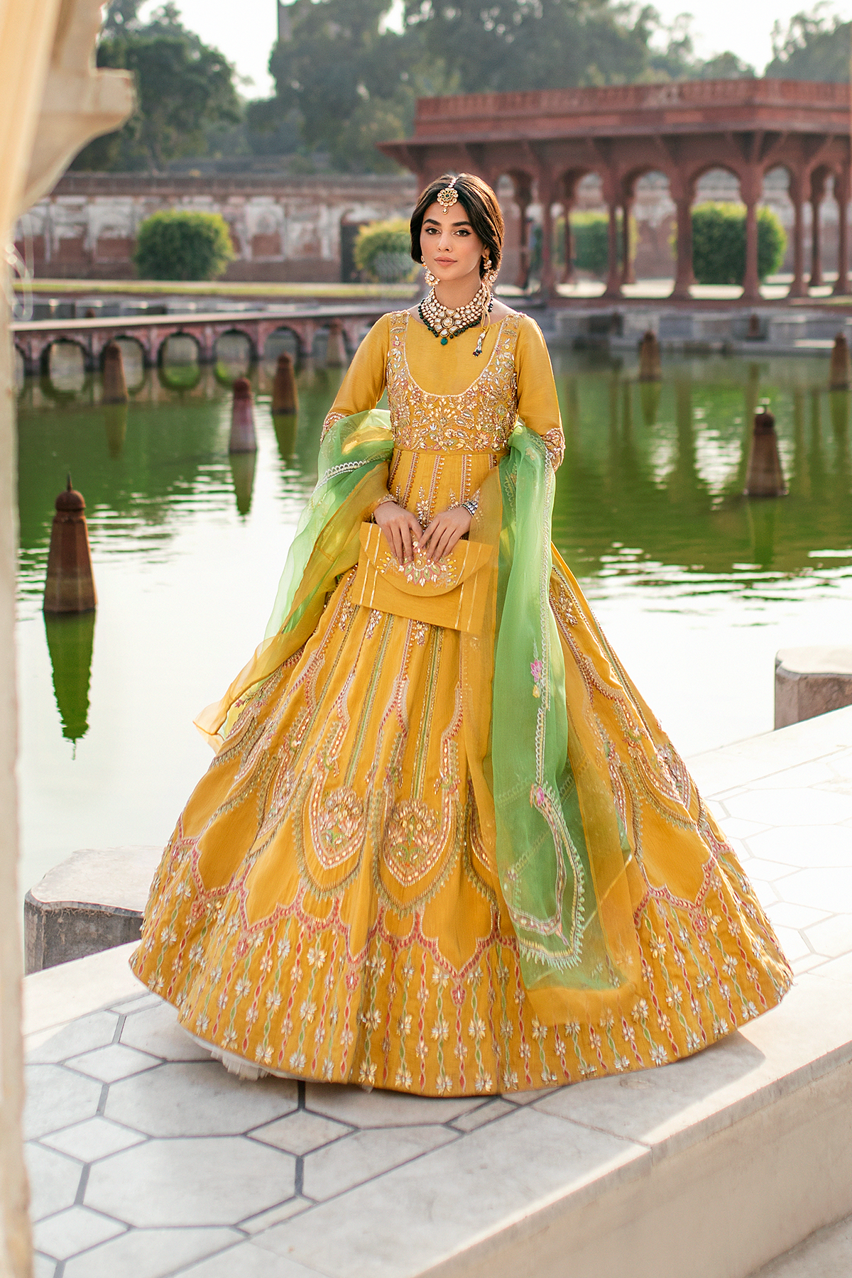 Pakistani Yellow Embroidered Korean Silk Pishwas (2-Piece) - Image 4