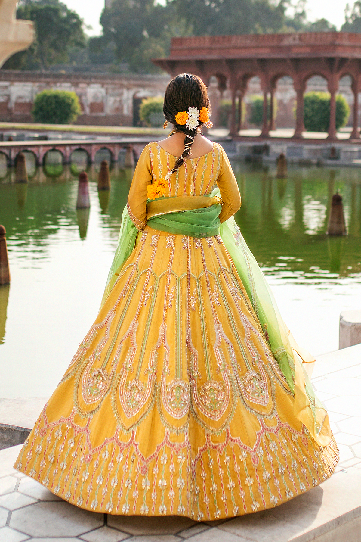 Pakistani Yellow Embroidered Korean Silk Pishwas (2-Piece) - Image 5