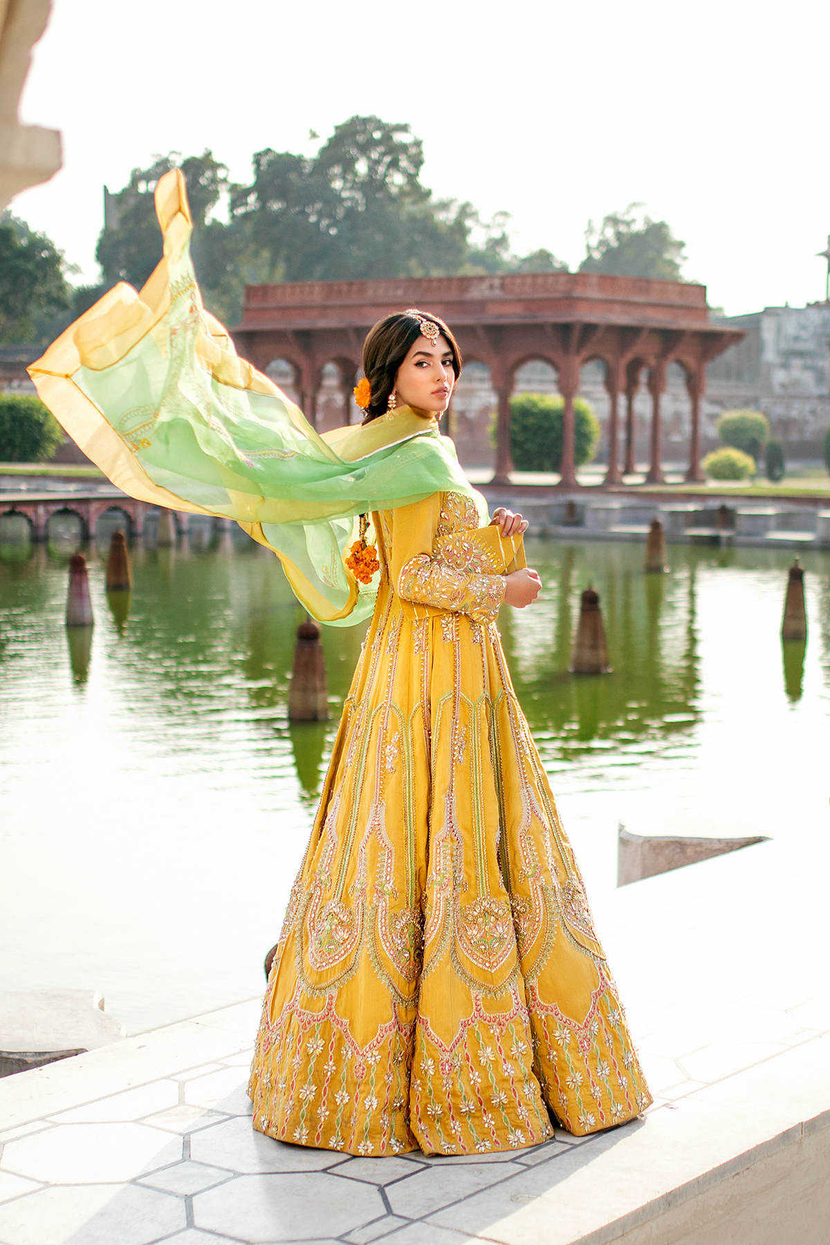 Pakistani Yellow Embroidered Korean Silk Pishwas (2-Piece) - Image 6