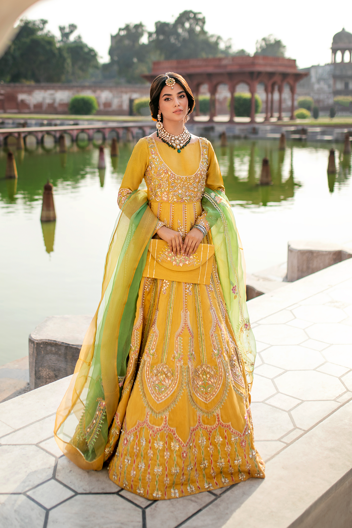 Yellow Embroidered Korean Silk Pishwas (2-Piece) - Image 1