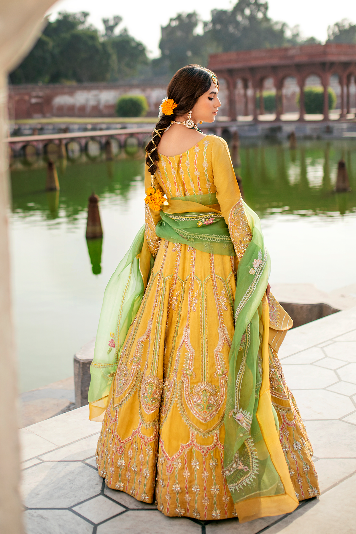 Yellow Embroidered Korean Silk Pishwas (2-Piece) - Image 2