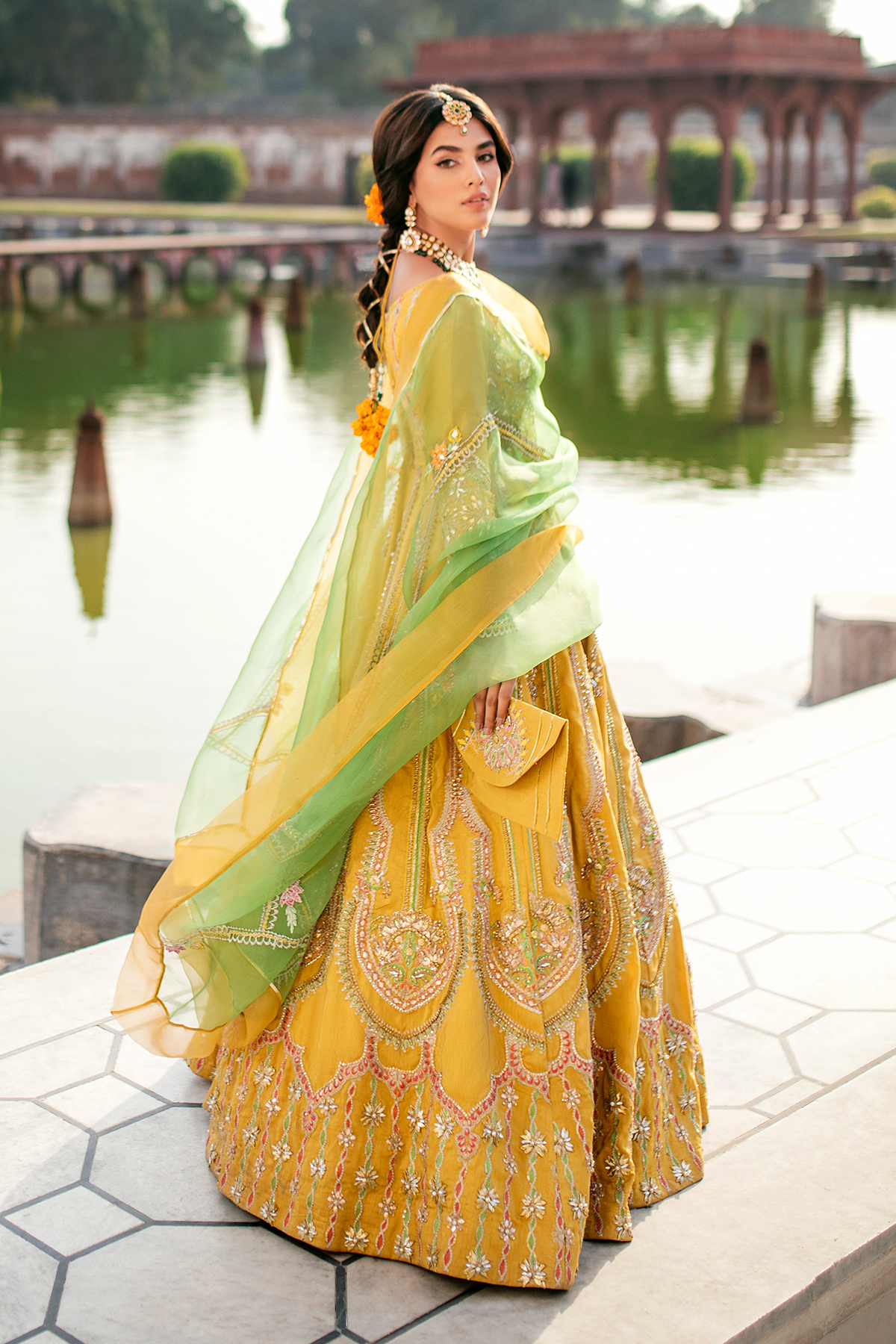 Yellow Embroidered Korean Silk Pishwas (2-Piece) - Image 3