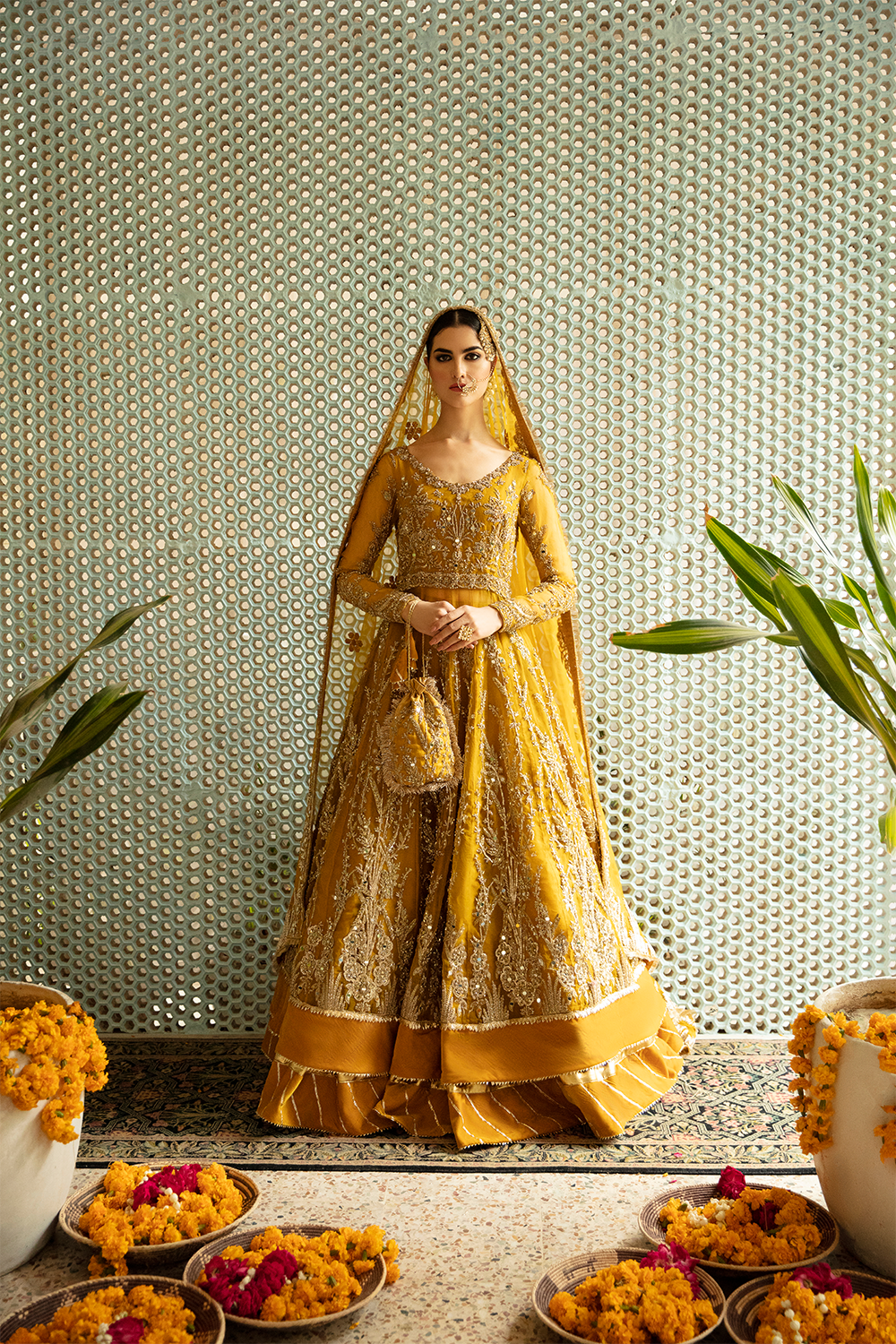 Mustard Adda Work Net Pishwas Dress (2-Piece) - Image 1